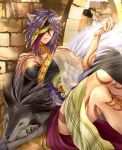  1girl animal_ears blue_eyes breasts cleavage day fire_emblem fire_emblem:_akatsuki_no_megami legs_crossed long_hair looking_at_viewer medium_breasts nailah nintendo nuts0415 outdoors parted_lips purple_hair sitting sleeves solo strapless tattoo wolf wolf_ears 