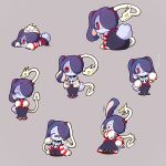  1girl animal_ears ass bare_shoulders blue_hair blue_skin breasts chibi detached_collar detached_sleeves hair_over_one_eye highres leviathan_(skullgirls) long_skirt medium_breasts purple_hair rabbit_ears rabbit_tail side_ponytail skirt skull skullgirls squigly_(skullgirls) stitched_mouth stitches striped striped_legwear striped_sleeves tail zombie 