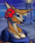 anthro blue_eyes breasts canid canine cleavage clothed clothing dew_dragon dress eyelashes felid feline female fennec flower flower_in_hair fox hi_res hybrid inner_ear_fluff jewelry lighthouse long_eyelashes long_whiskers mammal necklace outside plant sea water whiskers 