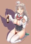  1girl alcohol bottle braid breasts brown_eyes commentary_request corset cup drinking_glass french_braid grey_hair hair_between_eyes hat holding holding_bottle holding_cup kantai_collection large_breasts long_hair looking_at_viewer mini_hat mokerou no_panties open_clothes open_mouth open_shirt pola_(kantai_collection) pouring seiza shirt sitting solo thick_eyebrows thighhighs tilted_headwear wakamezake wavy_hair white_legwear white_shirt wine_bottle wine_glass 