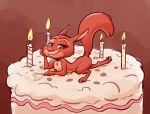  &lt;3 2018 ambiguous_gender anthro arm_support bedroom_eyes birthday_cake brown_background buckteeth cake candle cheek_tuft chest_tuft fire food fuel_(artist) green_eyes half-closed_eyes hi_res leaning_on_elbow looking_at_viewer mammal nemo_nutkin_(character) nude rodent sciurid seductive simple_background smile teeth tuft 