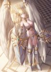  1girl absurdres angel angel_wings blonde_hair blue_eyes breasts cleavage greaves headgear highres huge_filesize knight large_breasts long_hair navel rinmmo shield solo sword weapon wings 