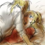  1boy 1girl arm_support bed bed_sheet blonde_hair blue_eyes blush couple edward_elric eyebrows_visible_through_hair facing_away fullmetal_alchemist hetero looking_at_another looking_up lowres nervous parted_lips pillow pink_shirt ponytail shirt sweatdrop tsukuda0310 white_shirt winry_rockbell 