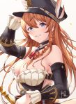  1girl arm_up bare_shoulders belt black_headwear blue_eyes braid breasts brown_hair cleavage collarbone corset detached_collar detached_sleeves frilled_sleeves frills granblue_fantasy grey_background haido_(ryuuno_kanzume) hand_on_headwear hat hat_feather highres holding large_breasts lecia_(granblue_fantasy) long_hair long_sleeves looking_at_viewer looking_to_the_side parted_lips peaked_cap petals side_braid signature smile solo strapless upper_body 