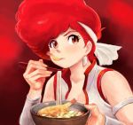  1girl 80s commentary dirty_pair earrings eating food headband jewelry kei_(dirty_pair) lafolie looking_at_viewer noodles oldschool red_hair short_hair soba solo 