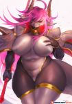  anthro armor big_breasts black_clothing blue_eyes breasts cape clothing dragon female front_view fur girlsay hair half-closed_eyes hand_on_breast hi_res horn looking_at_viewer navel nipple_outline pink_hair portrait scalie shoulder_guards simple_background solo thick_thighs three-quarter_portrait tight_clothing voluptuous white_clothing white_fur wide_hips 