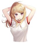  1girl ahoge akamatsu_kaede arms_behind_head bangs bare_arms blonde_hair breasts commentary danganronpa dot_nose eighth_note eyebrows_visible_through_hair hair_ornament in_mouth large_breasts long_hair looking_to_the_side musical_note musical_note_hair_ornament new_danganronpa_v3 pink_eyes ponytail purple_eyes shirt short_sleeves simple_background solo sportswear ssumbi upper_body white_background white_shirt 