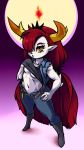  2019 absurd_res belt boots breasts clothed clothing clothing_lift crown demon female fire footwear gradient_background hair hair_over_eye hand_on_hip hekapoo hi_res horn humanoid long_hair navel not_furry open_pants plagueofgripes pointy_ears purple_background red_eyes shirt shirt_lift simple_background solo standing star_vs._the_forces_of_evil sweat topwear torn_clothing under_boob yellow_sclera 
