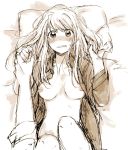  1girl bare_legs bed blush breasts embarrassed floral_print from_above fullmetal_alchemist grey_shirt greyscale hands long_hair looking_at_viewer medium_breasts messy_hair monochrome nervous on_bed open_clothes open_mouth open_shirt pillow pov pov_hands shirt solo tsukuda0310 v-shaped_eyebrows winry_rockbell 