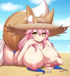  2019 absurd_res beach big_breasts breasts canid canine clothing demihuman female fox hat headgear headwear hi_res mammal nipples nude seaside tailzkim 