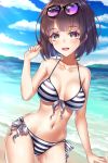  1girl beach bikini blue_sky breasts brown_eyes brown_hair cleavage cloud collarbone day eyewear_on_head front-tie_top highres horizon katou_megumi looking_at_viewer medium_breasts mountain navel open_mouth outdoors saenai_heroine_no_sodatekata short_hair side-tie_bikini sky smile solo striped striped_bikini swimsuit upper_teeth user_wye9686 