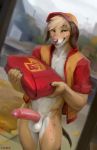  2019 anthro athletic balls bottomless canid canine canis chunie claws clothed clothing detailed_background digital_media_(artwork) domestic_dog erection floppy_ears freckles fur glans hat hi_res holding_object humanoid_penis looking_at_viewer male mammal outside penis pizza_delivery retracted_foreskin smile solo uncut 