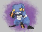  blue_eyes blush_stickers creatures_(company) croagunk full_body game_freak gen_4_pokemon half-closed_eyes hand_up looking_at_viewer nintendo no_humans pokemon pokemon_(creature) purple_background simple_background solo standing sunaxet teeth yellow_sclera 