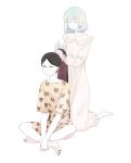  2others alternate_costume androgynous barefoot black_eyes black_hair bort colored_eyelashes contemporary diamond_(houseki_no_kuni) eyes_closed full_body highres houseki_no_kuni indian_style long_hair multicolored_hair multiple_others mydeerwitch nightgown one_eye_closed pajamas ponytail rainbow_hair short_hair sitting two-tone_hair white_background 