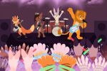  2016 angry anthro artist_name band bass_guitar bottomless canid canine cervid clothed clothing cooper_(scratch21) detailed_background determined digital_media_(artwork) drum drum_set drumming_stick ed_(scratch21) felid female fox grin group guitar guitar_strap half-closed_eyes happy lagomorph leporid lion male mammal matt_(scratch21) microphone mkinaifu musical_instrument narrowed_eyes nude outside pantherine percussion_instrument percussion_mallet plucked_string_instrument rabbit raised_arm raised_arms red_fox riley_(scratch21) scratch21 sitting sky smile standing string_instrument topless watermark 