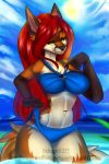  2016 5_fingers aeril_(helios) anthro beach bikini black_fur black_markings black_nose blue_bottomwear blue_clothing blue_sky blue_topwear breasts canid canine clothed clothing cloud detailed_background digital_media_(artwork) facial_markings female fox front_view fur green_eyes hair hi_res long_hair looking_at_viewer mammal markings multicolored_fur multicolored_tail nekogirl1257 orange_fur orange_tail outside portrait red_hair sea seaside sky solo standing sun swimsuit three-quarter_portrait two_tone_tail url water watermark white_fur white_tail 