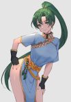  1girl earrings fingerless_gloves fire_emblem fire_emblem:_rekka_no_ken gloves green_eyes green_hair grey_background hoshido1214 jewelry long_hair looking_at_viewer lyndis_(fire_emblem) nintendo ponytail smile solo 