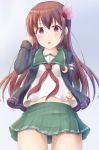  1girl black_jacket brown_eyes brown_hair commentary_request cowboy_shot crescent crescent_moon_pin from_below gluteal_fold green_sailor_collar green_skirt hair_ornament highres jacket kantai_collection kisaragi_(kantai_collection) long_hair looking_at_viewer minakami_mimimi neckerchief pleated_skirt red_neckwear remodel_(kantai_collection) sailor_collar school_uniform serafuku skirt solo 