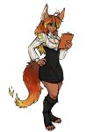  2019 ahoge animal_humanoid anthro black_sclera blouse breasts brooch canid canine canis caradhina clipboard clothed clothing digital_media_(artwork) fangs female fire fur green_eyes guoh hair hi_res humanoid legwear long_hair looking_at_viewer magic_user mammal simple_background skirt smile solo standing wolf 
