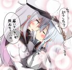  2girls blush commentary_request eyes_closed flat_cap gangut_(kantai_collection) grey_hair hammer_and_sickle hat height_difference hibiki_(kantai_collection) highres jacket kantai_collection long_hair long_sleeves military military_jacket military_uniform multiple_girls peaked_cap red_eyes remodel_(kantai_collection) silver_hair speech_bubble translation_request uniform verniy_(kantai_collection) white_hat white_jacket yuri yuu_(alsiel) 