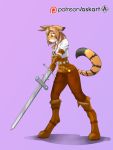  anthro askart biped black_ears black_eyebrows black_stripes boots brown_hair ciri clothed clothing crossover digital_media_(artwork) digitigrade dipstick_ears dipstick_tail felid feline female flora_(twokinds) footwear fur hair hi_res long_hair mammal melee_weapon multicolored_tail orange_ears orange_fur orange_tail pantherine pants patreon pink_background shirt simple_background solo standing striped_tail stripes sword text the_witcher tiger two_tone_tail twokinds weapon 