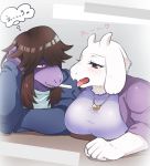  &lt;3 2019 anthro big_breasts blush bovid breasts caprine clothed clothing deltarune digital_media_(artwork) duo female fur goat hair half-closed_eyes horn long_ears mammal mature_female open_mouth reptile scalie simple_background smile susie_(deltarune) table tongue tongue_out toriel undertale video_games white_fur yamame513 