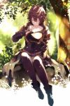  1boy armor boots brown_hair fingerless_gloves gloves granblue_fantasy highres hood leggings male_focus outdoors red_eyes sandalphon_(granblue_fantasy) short_hair sitting smile yaba_ine 