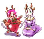  2girls antlers bell brown_gloves cape dress eyes_closed fa facial_mark fire_emblem fire_emblem:_fuuin_no_tsurugi fire_emblem_heroes forehead_mark fur_trim gloves green_eyes heterochromia idoun long_hair long_sleeves mamkute multiple_girls nintendo open_mouth pointy_ears purple_dress purple_hair red_eyes reindeer_antlers short_hair sidelocks simple_background sitting strapless strapless_dress vulpes_pitti white_background wide_sleeves 