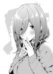  1girl bangs blush breasts cardigan fingernails fingers_together go-toubun_no_hanayome greyscale hair_between_eyes headphones headphones_around_neck long_sleeves looking_at_viewer medium_breasts medium_hair monochrome mushi024 nakano_miku parted_lips solo upper_body 