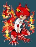  1girl ano5102 bandaid bandaid_on_face bike_shorts blue_background breathing_fire claws dragon_girl dragon_tail female fire full_body highres monster_girl original red_hair short_hair simple_background solo squatting tail yellow_eyes 