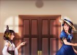  2girls aiguillette black_hair blue_dress braid detached_sleeves door dress epaulettes french_braid hair_ornament hair_ribbon hat height_difference highres iowa_(pacific) jewelry kantai_collection kimi_no_na_wa long_hair looking_at_another melisaongmiqin miyamizu_mitsuha mole mole_under_eye multiple_girls necklace nontraditional_miko open_mouth pacific pointing puffy_short_sleeves puffy_sleeves red_eyes ribbon sailor_dress short_hair short_sleeves star star_necklace sun_hat surprised white_hat wooden_door yamashiro_(kantai_collection) 