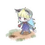  1girl :3 akuma_gaoru animal_ears bangs blonde_hair blue_dress blue_hair bow bowtie bug centipede closed_mouth copyright_request creatures_(company) crossover dress female flat_chest from_above full_body furry game_freak gradient_hair grass happy holding holding_poke_ball leaf long_hair looking_down lowres multicolored_hair nintendo no_humans outdoors poke_ball poke_ball_(generic) pokemon red_eyes red_neckwear sleeveless sleeveless_dress smile solo standing stick sunaxet tail white_background 