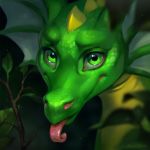  2019 ambiguous_gender chromatic_aberration dragon green_eyes green_scales headshot leaf levelviolet looking_at_viewer scales scalie solo spikes tongue tongue_out 