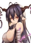  1girl antenna_hair bandage bandaged_arm bandages black_gloves black_hair blush breasts danua draph eyebrows_visible_through_hair fingerless_gloves gloves granblue_fantasy hair_between_eyes horns large_breasts long_hair looking_at_viewer pointy_ears red_eyes simple_background solo takahan thumb_sucking upper_body white_background 