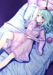  1girl absurdres alternate_costume blush chained_wrists commentary_request curly_hair green_eyes green_hair highres knee_up komeiji_koishi lingerie long_hair lying negligee nipples on_back on_bed pink_negligee restrained rnkgmn see-through solo third_eye touhou underwear wide_sleeves 