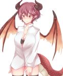  1girl black_bra black_legwear blush bra breasts cleavage dragon_horns dragon_tail dragon_wings dress_shirt granblue_fantasy grea_(shingeki_no_bahamut) highres horns large_breasts looking_at_viewer manaria_friends nyaku open_clothes open_shirt pointy_ears shirt simple_background solo tail thighhighs underwear white_background white_shirt wings 