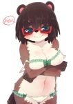  2019 anthro blue_eyes blush bra breasts brown_fur brown_hair canid canine clothed clothing eyewear female fur glasses hair looking_at_viewer mammal navel panties raccoon_dog simple_background solo standing tanuki underwear white_background white_fur youki 