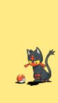  cat closed_mouth creatures_(company) full_body game_freak gen_7_pokemon highres litten looking_down nintendo no_humans poke_ball poke_ball_(generic) pokemon pokemon_(creature) red_eyes simple_background sitting solo sunaxet yellow_background yellow_sclera 