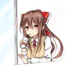  1girl alternate_costume amagi_(amagi626) bangs beige_vest bow breasts brown_eyes brown_hair cardigan_vest commentary_request contemporary cup drinking_straw eyebrows_visible_through_hair frilled_bow frills hair_between_eyes hair_bow hakurei_reimu hand_up highres holding holding_cup lens_flare long_hair long_sleeves looking_at_viewer medium_breasts necktie red_bow red_neckwear school_uniform shirt sidelocks simple_background smile solo touhou upper_body vest white_background white_shirt window 