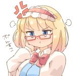  1girl :t =3 alice_margatroid anger_vein arnest bangs bespectacled blonde_hair blue_dress blue_eyes blush bow bowtie capelet commentary_request dress eyebrows_visible_through_hair frilled_hairband frills glasses hairband hand_on_own_cheek hand_up lolita_hairband long_sleeves looking_at_viewer looking_over_eyewear nose_blush puffy_sleeves red-framed_eyewear red_bow red_hairband red_neckwear short_hair simple_background solo touhou translation_request upper_body v-shaped_eyebrows white_background white_capelet wing_collar 