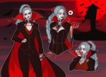  1girl animal bats blue_hair cape costume fangs female halloween halloween_costume lipstick long_hair makeup millorart multiple_persona nefertari_vivi one_piece ponytail red_eyes red_lips sharp_teeth solo teeth tied_hair vampire vampire_costume 