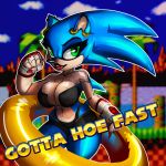  2019 5_fingers absurd_res anthro bare_shoulders big_breasts black_nose breasts cleavage clothed clothing crossgender djpuppeh ear_piercing english_text eulipotyphlan eyelashes female green_eyes hedgehog hi_res lipstick looking_at_viewer makeup mammal midriff navel piercing shorts smile solo sonic_(series) sonic_the_hedgehog text thick_thighs thong 