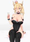  1girl areola_slip areolae arm_support bangs bare_shoulders bed black_collar black_legwear black_leotard black_nails blonde_hair blue_earrings blue_eyes bowsette bracelet breasts cleavage collar covered_navel crown eyebrows_visible_through_hair fangs hair_between_eyes highleg highleg_leotard highres horns jewelry kyohaii large_breasts leotard long_hair looking_at_viewer mario_(series) mini_crown nail_polish new_super_mario_bros._u_deluxe nintendo on_bed one_eye_closed open_mouth pointy_ears ponytail sitting solo spiked_armlet spiked_bracelet spiked_collar spikes strapless strapless_leotard super_crown thighhighs tilted_headwear tongue tongue_out v 