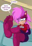  5_toes blue_eyes breasts clothing dialogue feet foot_fetish foot_focus hair humanoid_feet jewelry looking_at_viewer mammal nasiri_(artist) necklace pink_hair skirt sofa soles sonia sonia_the_hedgehog sonic_(series) sonic_underground toes video_games 