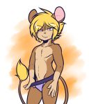  2019 anthro blonde_hair blush brown_fur clothed clothing crackers crackers_(character) fur hair looking_at_viewer male mammal mouse pink_nose purple_eyes rodent solo standing topless underwear 