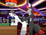  animal_genitalia anthro black_fur black_hair canid canine casino fox from_behind_position fur green_eyes grey_fur hair hi_res kiba_spiritstone male mammal penis red_fur red_hair roulette roulette_table sex sheath slot_machine solitaire text_box tongue tongue_out white_fur 