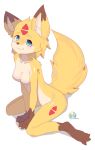  2019 anthro blue_eyes blush breasts brown_fur brown_nose canid canine costom10 female fox fur kneeling looking_at_viewer mammal nude simple_background solo white_background white_fur yellow_fur 