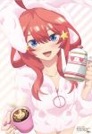  1girl ahoge animal_ears bangs blue_eyes blush breasts bunny_ears bunny_girl coffee coffee_mug cup fluffy from_above go-toubun_no_hanayome hair_between_eyes hair_ornament highres hood hoodie large_breasts long_hair looking_at_viewer mug nakano_itsuki official_art open_mouth red_hair solo star star_hair_ornament steam teapot thighs 