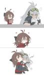  2girls aek-999_(girls_frontline) ahoge blush brown_eyes brown_hair cd comic deathalice eyebrows_visible_through_hair female_commander_(girls_frontline) girls_frontline gloves hair_between_eyes highres hug hug_from_behind jacket long_hair multiple_girls shirt silver_hair size_difference very_long_hair yellow_eyes 