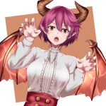  1girl :o breasts claw_pose commentary_request dragon_girl dragon_horns dragon_wings dutch_angle granblue_fantasy grea_(shingeki_no_bahamut) horns large_breasts light_blush looking_at_viewer manaria_friends pointy_ears purple_hair red_eyes rmk_s212 shirt short_hair solo upper_body white_shirt wings 